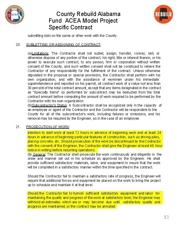 County Rebuild Alabama Fund ACEA Model Project Specific Contract submitting bids on the same