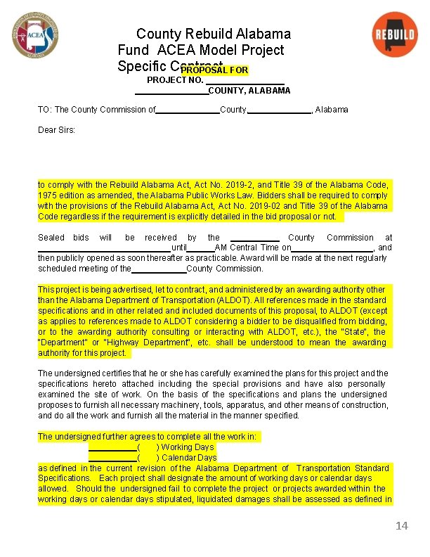 County Rebuild Alabama Fund ACEA Model Project Specific Contract PROPOSAL FOR PROJECT NO. COUNTY,