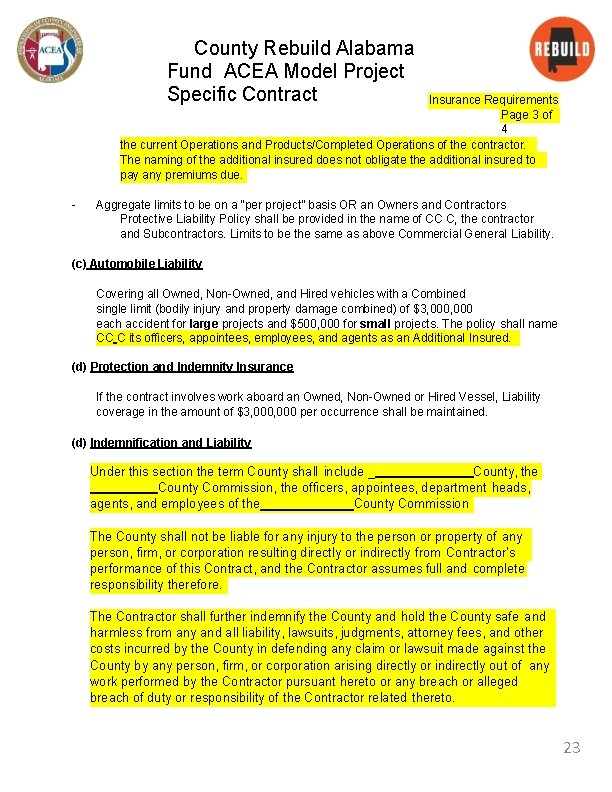 County Rebuild Alabama Fund ACEA Model Project Specific Contract Insurance Requirements Page 3 of