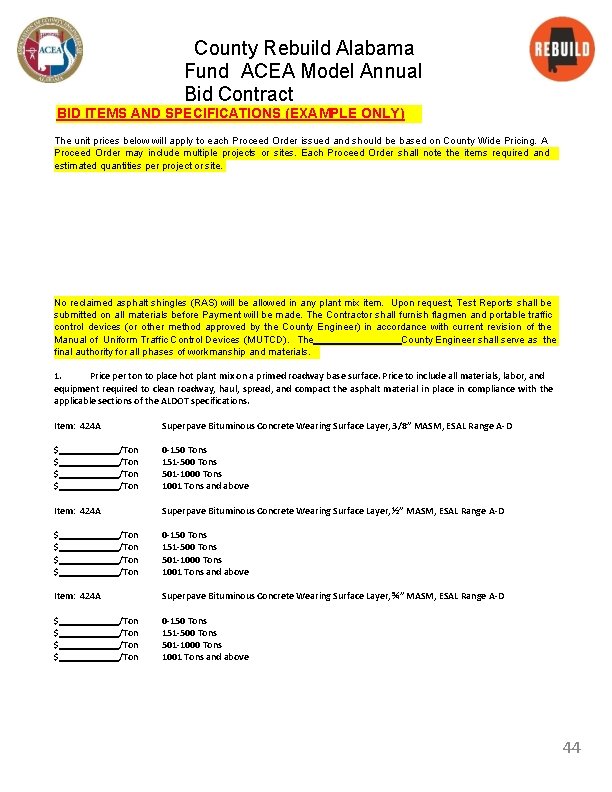 County Rebuild Alabama Fund ACEA Model Annual Bid Contract BID ITEMS AND SPECIFICATIONS (EXAMPLE