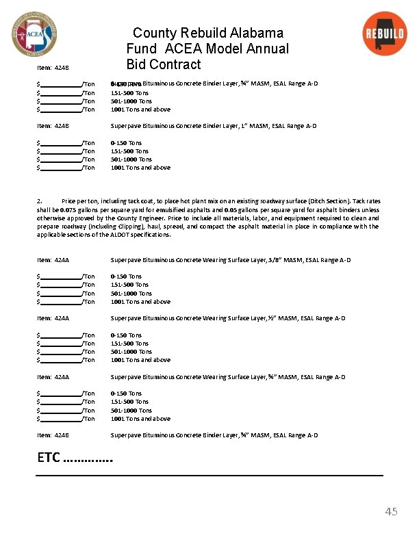 County Rebuild Alabama Fund ACEA Model Annual Bid Contract Item: 424 B $ $