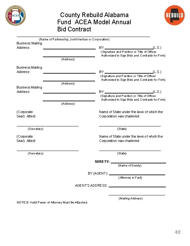 County Rebuild Alabama Fund ACEA Model Annual Bid Contract (Name of Partnership, Joint Venture