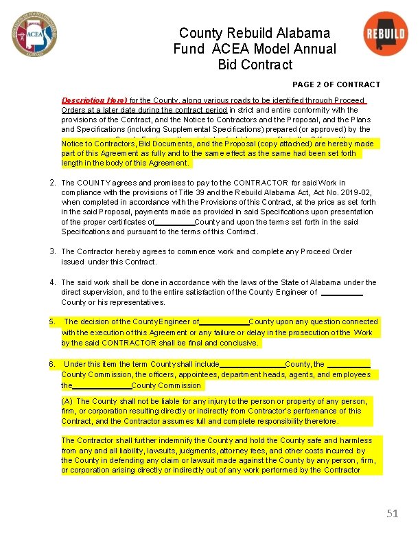 County Rebuild Alabama Fund ACEA Model Annual Bid Contract PAGE 2 OF CONTRACT Description