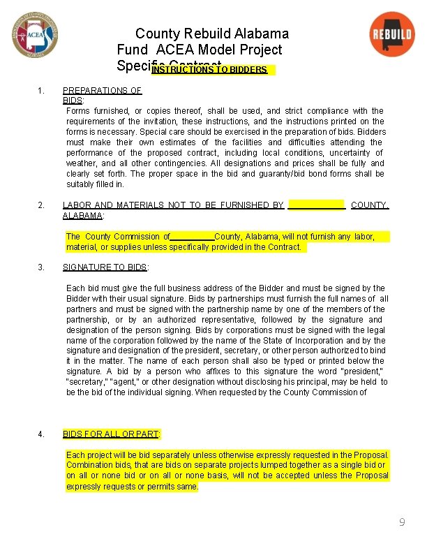 County Rebuild Alabama Fund ACEA Model Project Specific Contract. TO BIDDERS INSTRUCTIONS 1. PREPARATIONS