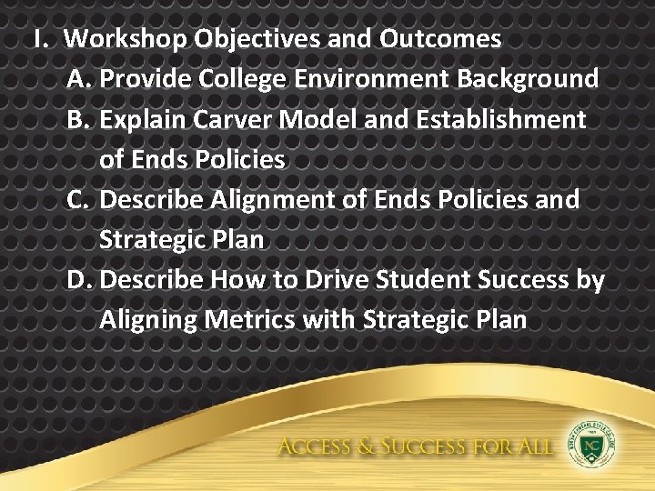 I. Workshop Objectives and Outcomes A. Provide College Environment Background B. Explain Carver Model