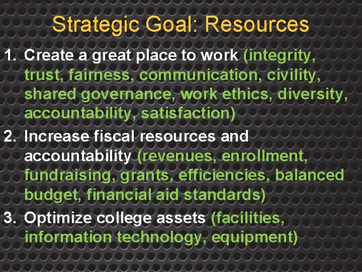 Strategic Goal: Resources 1. Create a great place to work (integrity, trust, fairness, communication,