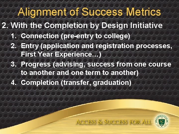 Alignment of Success Metrics 2. With the Completion by Design Initiative 1. Connection (pre-entry