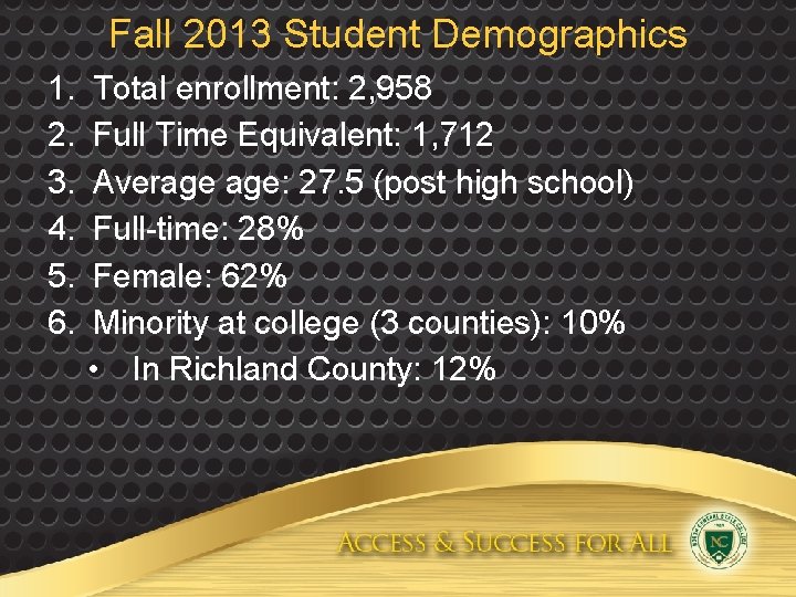 Fall 2013 Student Demographics 1. 2. 3. 4. 5. 6. Total enrollment: 2, 958