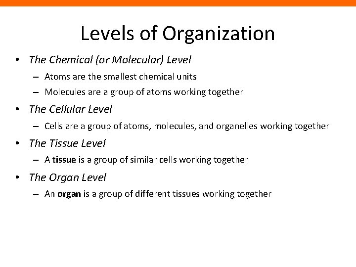 Levels of Organization • The Chemical (or Molecular) Level – Atoms are the smallest