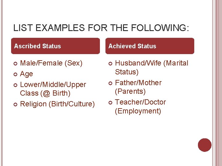 LIST EXAMPLES FOR THE FOLLOWING: Ascribed Status Achieved Status Male/Female (Sex) Age Lower/Middle/Upper Class