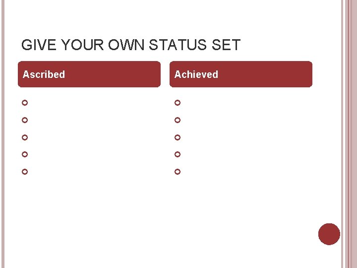 GIVE YOUR OWN STATUS SET Ascribed Achieved 