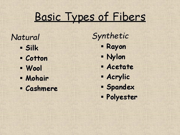 Basic Types of Fibers Natural § § § Silk Cotton Wool Mohair Cashmere Synthetic