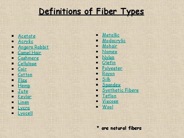 Definitions of Fiber Types Acetate Acrylic Angora Rabbit * Camel Hair * Cashmere *