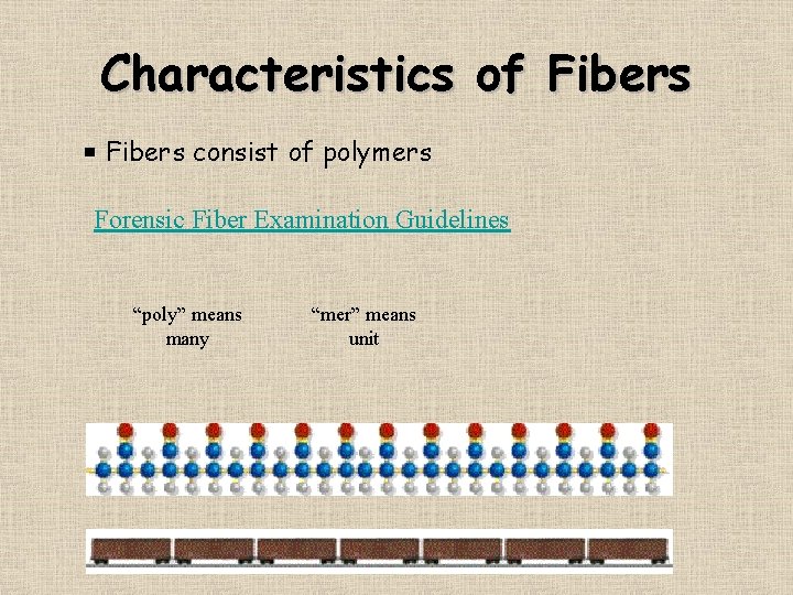 Characteristics of Fibers consist of polymers Forensic Fiber Examination Guidelines “poly” means many “mer”