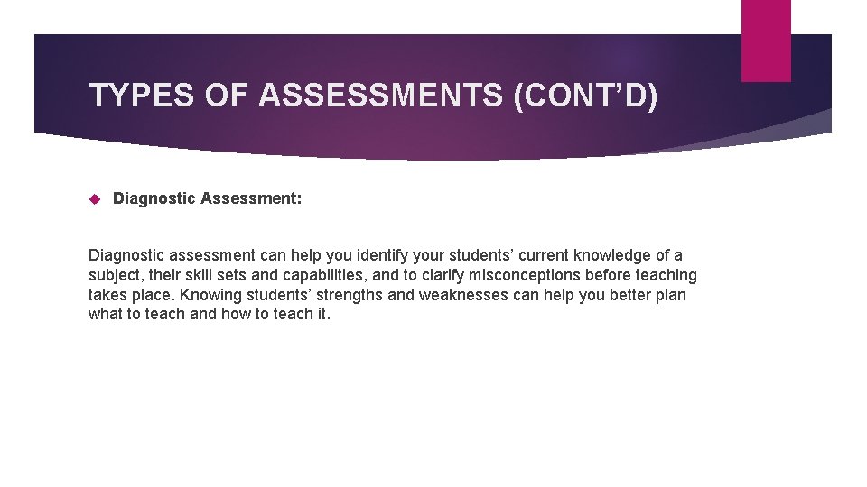 TYPES OF ASSESSMENTS (CONT’D) Diagnostic Assessment: Diagnostic assessment can help you identify your students’