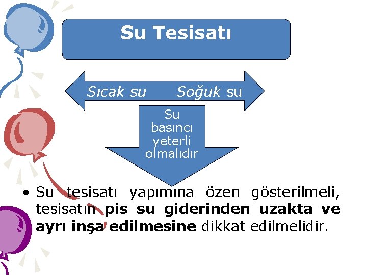 Su Tesisatı Sıcak su Soğuk su Su basıncı yeterli olmalıdır • Su tesisatı yapımına