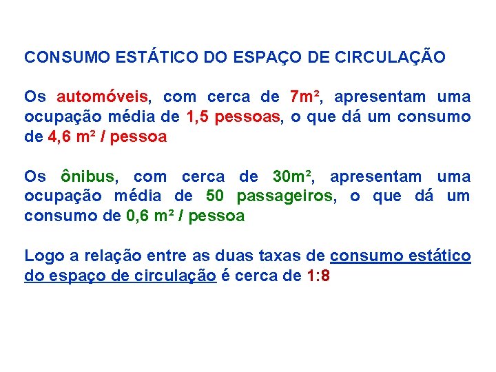 CONSUMO ESTÁTICO DO ESPAÇO DE CIRCULAÇÃO Os automóveis, com cerca de 7 m², apresentam