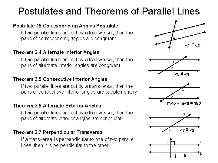 Postulates and Theorems of Parallel Lines Postulate 15 Corresponding Angles Postulate If two parallel
