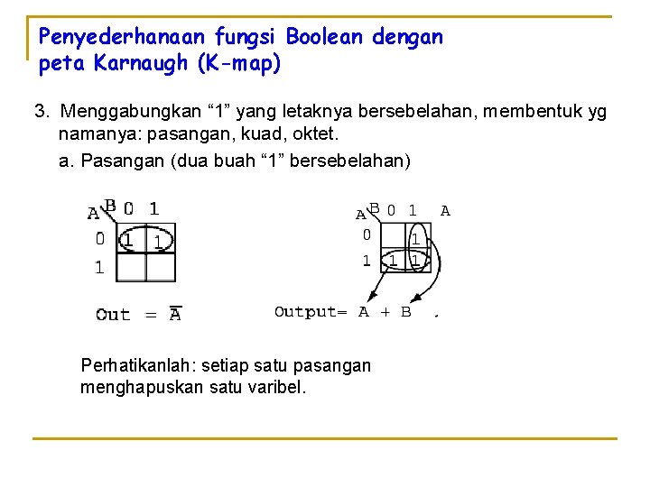 Penyederhanaan fungsi Boolean dengan peta Karnaugh (K-map) 3. Menggabungkan “ 1” yang letaknya bersebelahan,