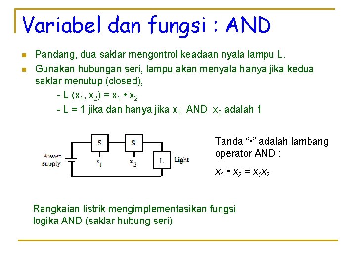 Variabel dan fungsi : AND n n Pandang, dua saklar mengontrol keadaan nyala lampu