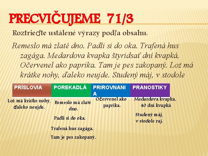 PRECVIČUJEME 71/3 Roztrieďte ustálené výrazy podľa obsahu: Remeslo má zlaté dno. Padli si do