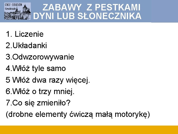 ZABAWY Z PESTKAMI DYNI LUB SŁONECZNIKA 1. Liczenie 2. Układanki 3. Odwzorowywanie 4. Włóż