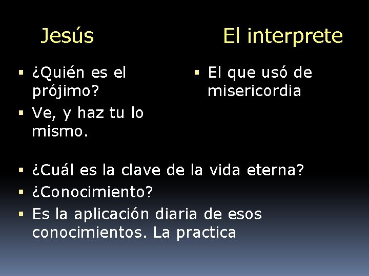 Jesús ¿Quién es el prójimo? Ve, y haz tu lo mismo. El interprete El