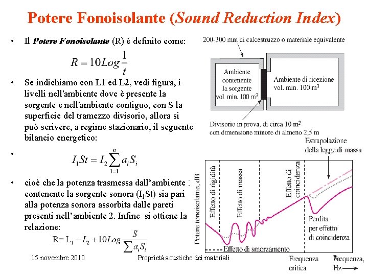 Potere Fonoisolante (Sound Reduction Index) • Il Potere Fonoisolante (R) è definito come: •