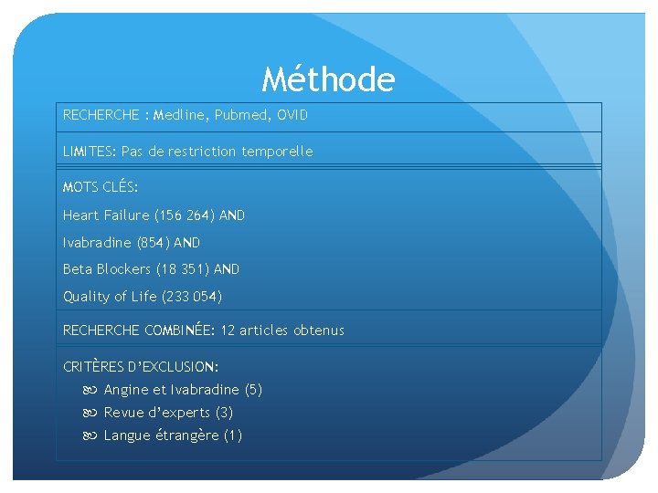 Méthode RECHERCHE : Medline, Pubmed, OVID LIMITES: Pas de restriction temporelle MOTS CLÉS: Heart