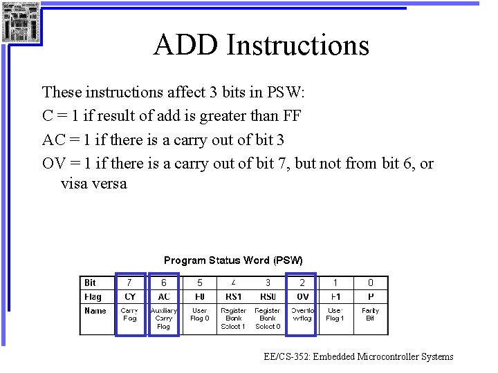ADD Instructions These instructions affect 3 bits in PSW: C = 1 if result
