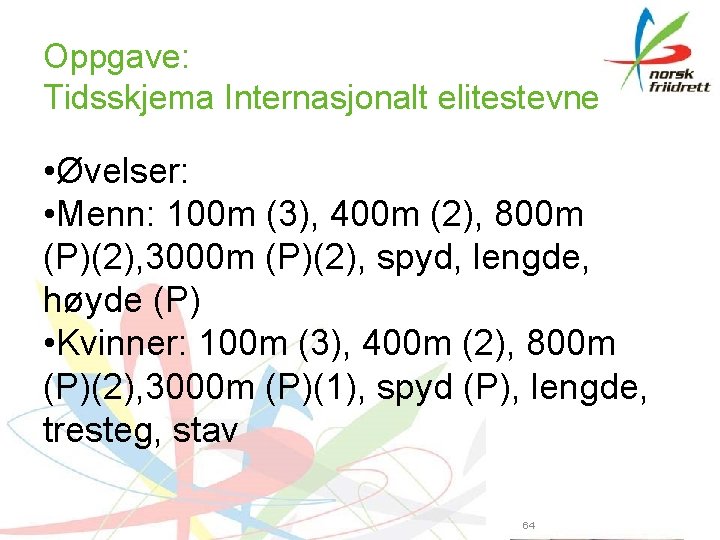Oppgave: Tidsskjema Internasjonalt elitestevne • Øvelser: • Menn: 100 m (3), 400 m (2),