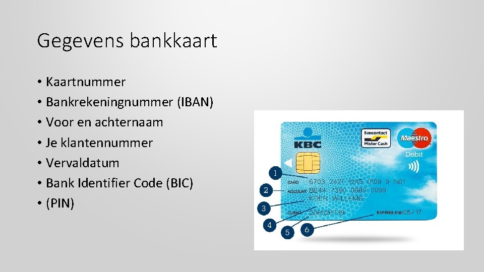 Gegevens bankkaart • Kaartnummer • Bankrekeningnummer (IBAN) • Voor en achternaam • Je klantennummer