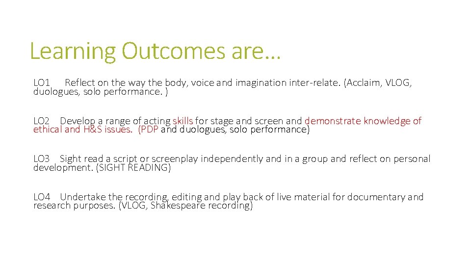 Learning Outcomes are… LO 1 Reflect on the way the body, voice and imagination