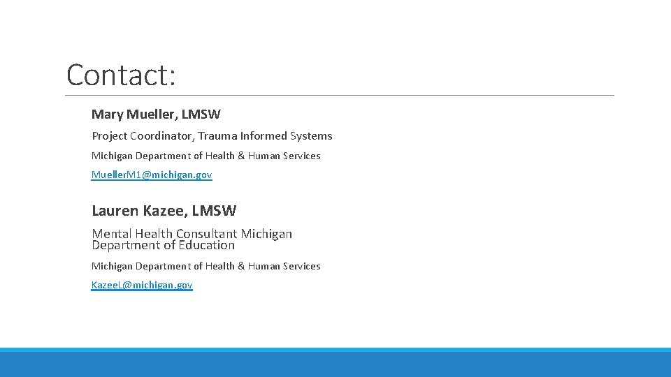 Contact: Mary Mueller, LMSW Project Coordinator, Trauma Informed Systems Michigan Department of Health &