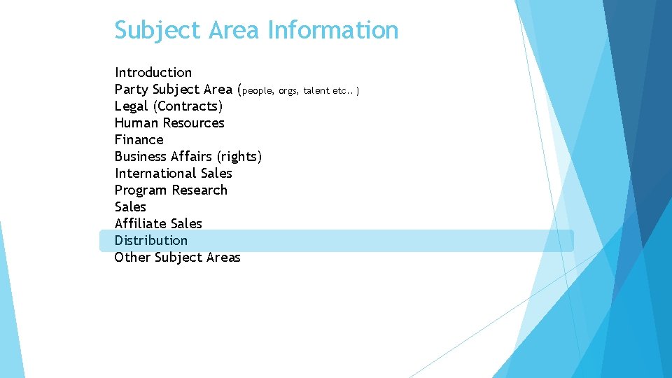 Subject Area Information Introduction Party Subject Area (people, orgs, talent etc. . ) Legal