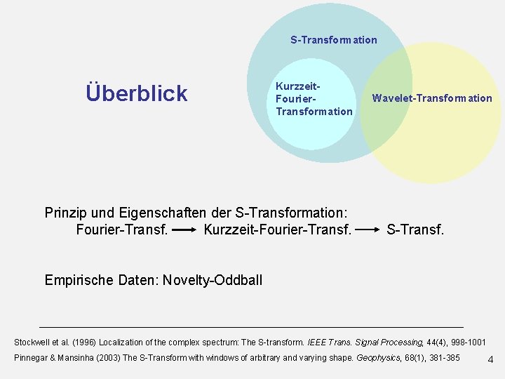 S-Transformation Überblick Kurzzeit. Fourier. Transformation Prinzip und Eigenschaften der S-Transformation: Fourier-Transf. Kurzzeit-Fourier-Transf. Wavelet-Transformation S-Transf.