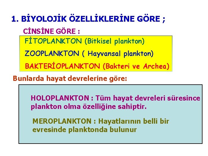 1. BİYOLOJİK ÖZELLİKLERİNE GÖRE ; CİNSİNE GÖRE : FİTOPLANKTON (Bitkisel plankton) ZOOPLANKTON ( Hayvansal