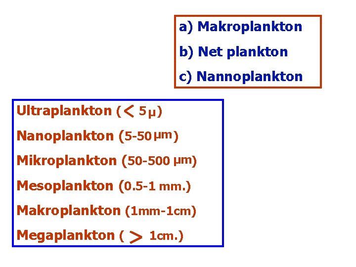 a) Makroplankton b) Net plankton c) Nannoplankton Ultraplankton ( 5µ) Nanoplankton (5 -50 µm