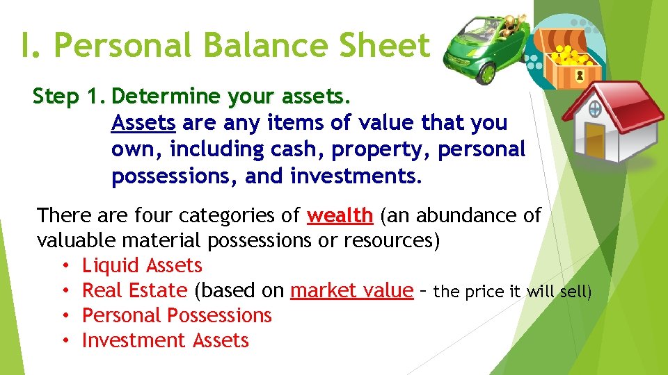I. Personal Balance Sheet Step 1. Determine your assets. Assets are any items of