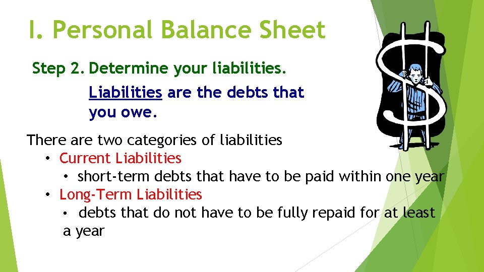 I. Personal Balance Sheet Step 2. Determine your liabilities. Liabilities are the debts that