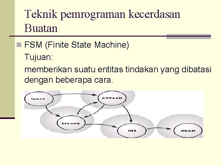 Teknik pemrograman kecerdasan Buatan n FSM (Finite State Machine) Tujuan: memberikan suatu entitas tindakan