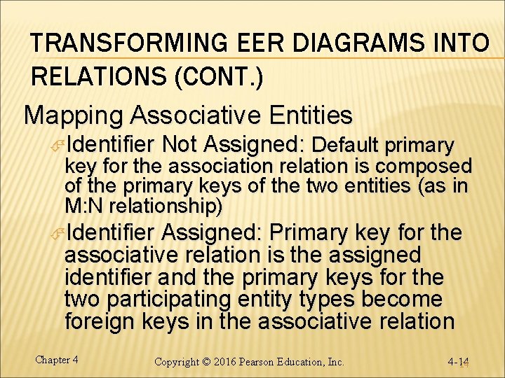 TRANSFORMING EER DIAGRAMS INTO RELATIONS (CONT. ) Mapping Associative Entities Identifier Not Assigned: Default TRANSFORMING EER DIAGRAMS INTO RELATIONS (CONT. ) Mapping Associative Entities Identifier Not Assigned: Default