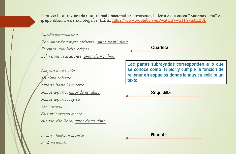 Para ver la estructura de nuestro baile nacional, analizaremos la letra de la cueca