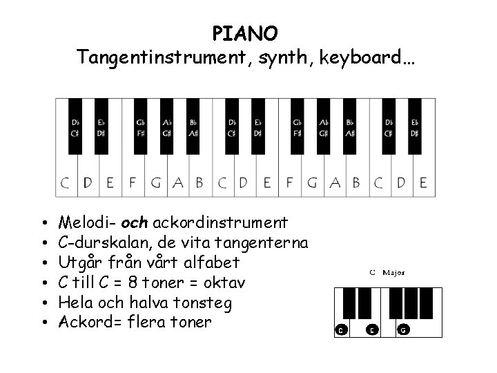 PIANO Tangentinstrument, synth, keyboard… • • • Melodi- och ackordinstrument C-durskalan, de vita tangenterna