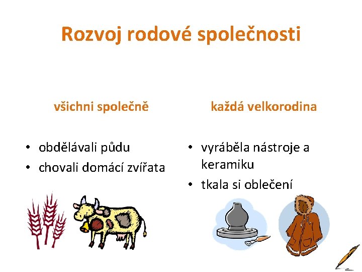 Rozvoj rodové společnosti všichni společně • obdělávali půdu • chovali domácí zvířata každá velkorodina