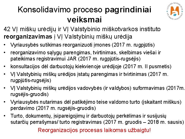 Konsolidavimo proceso pagrindiniai veiksmai 42 VĮ miškų urėdijų ir VĮ Valstybinio miškotvarkos instituto reorganizavimas