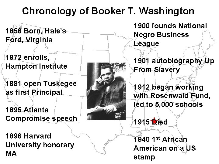 Chronology of Booker T. Washington 1856 Born, Hale’s Ford, Virginia 1900 founds National Negro