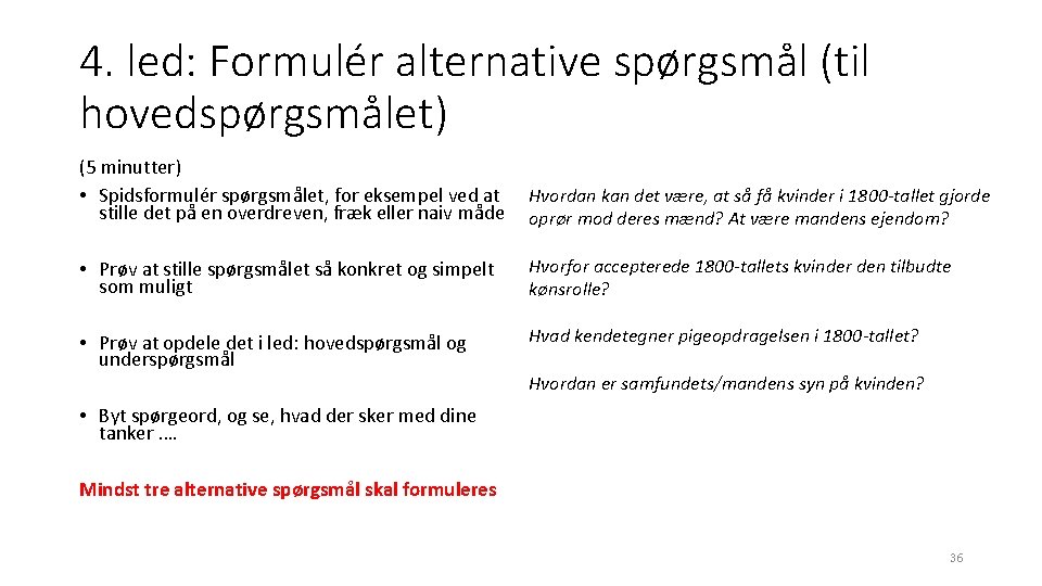 4. led: Formulér alternative spørgsmål (til hovedspørgsmålet) (5 minutter) • Spidsformulér spørgsmålet, for eksempel