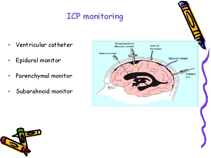 ICP monitoring • Ventricular catheter • Epidural monitor • Parenchymal monitor • Subarahnoid monitor