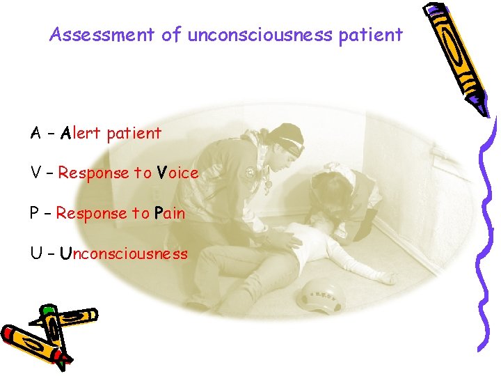 Assessment of unconsciousness patient A – Alert patient V – Response to Voice P
